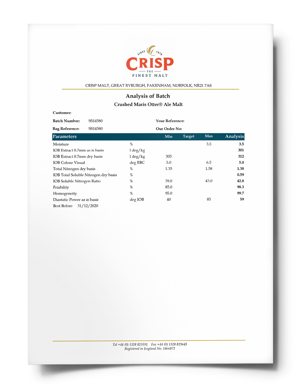 Crisp Malt Certificate of Analysis