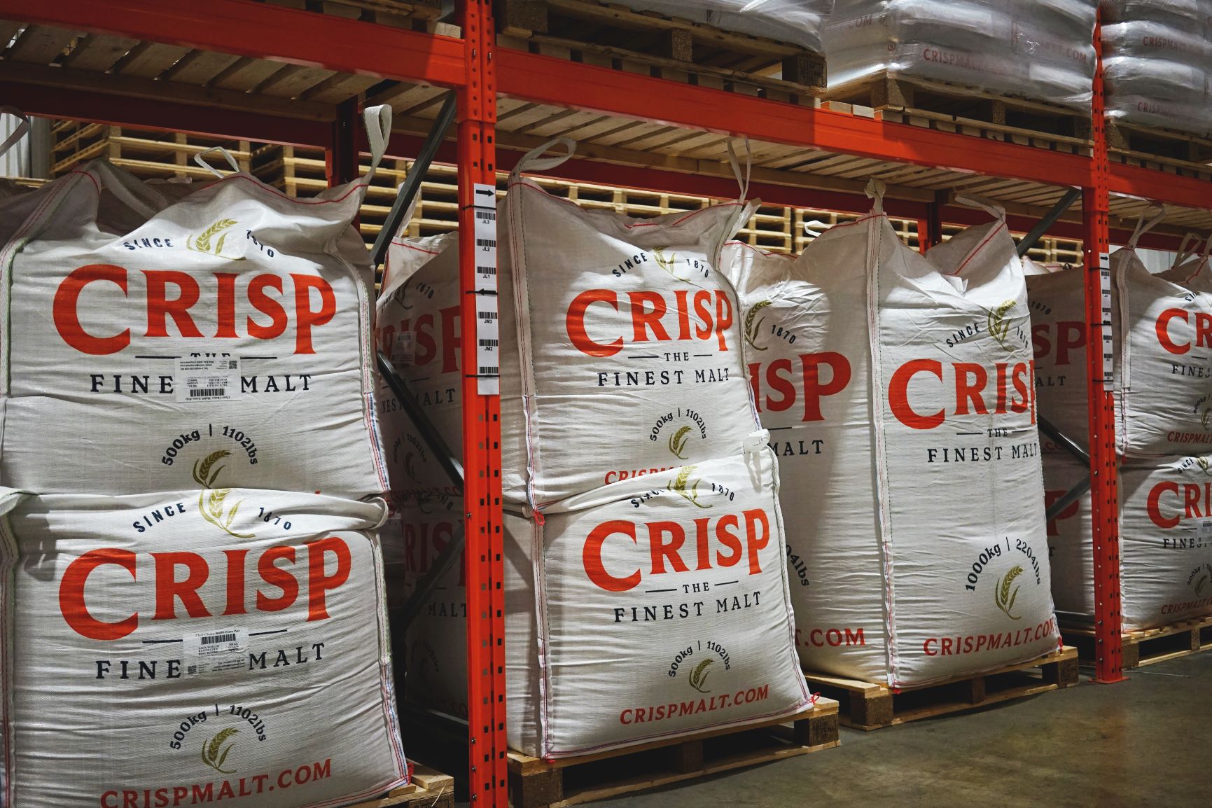 Crisp Brewing Malt in bags situated in the warehouse