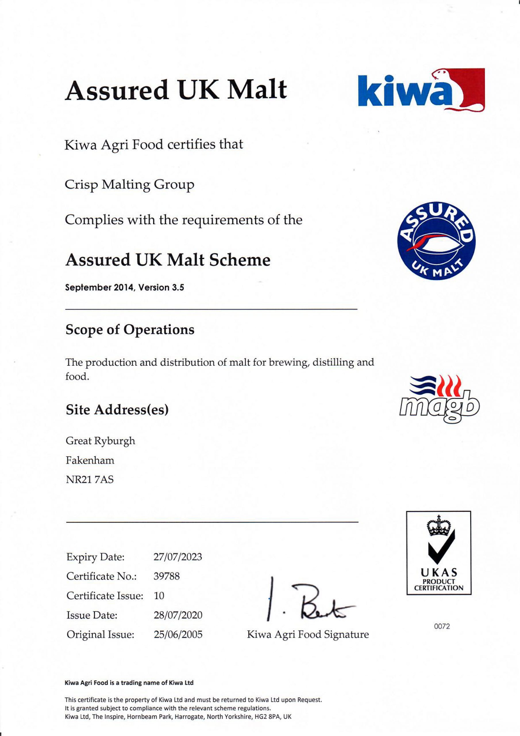 Assured UK Malt Certificate for Crisp Malt.