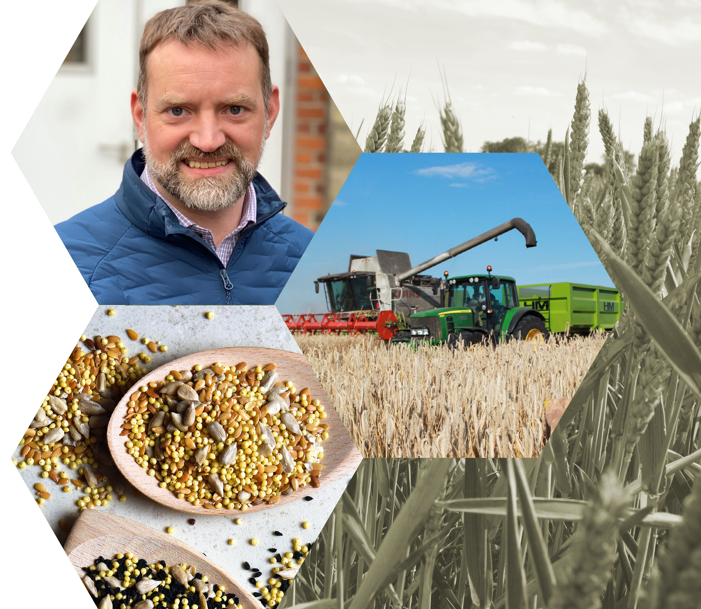 Crisp CEO Stuart Sands with photos of a farming landscape and a bowl of cereals
