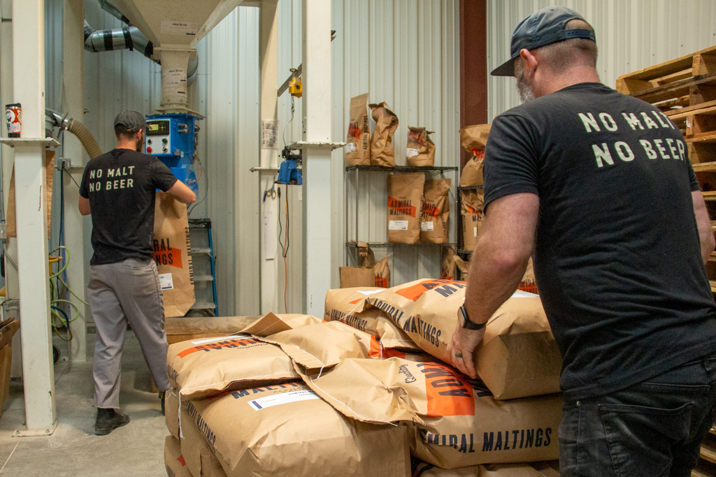 Hana barley malt packed into Admiral Malting grain sacks at their maltings in California.